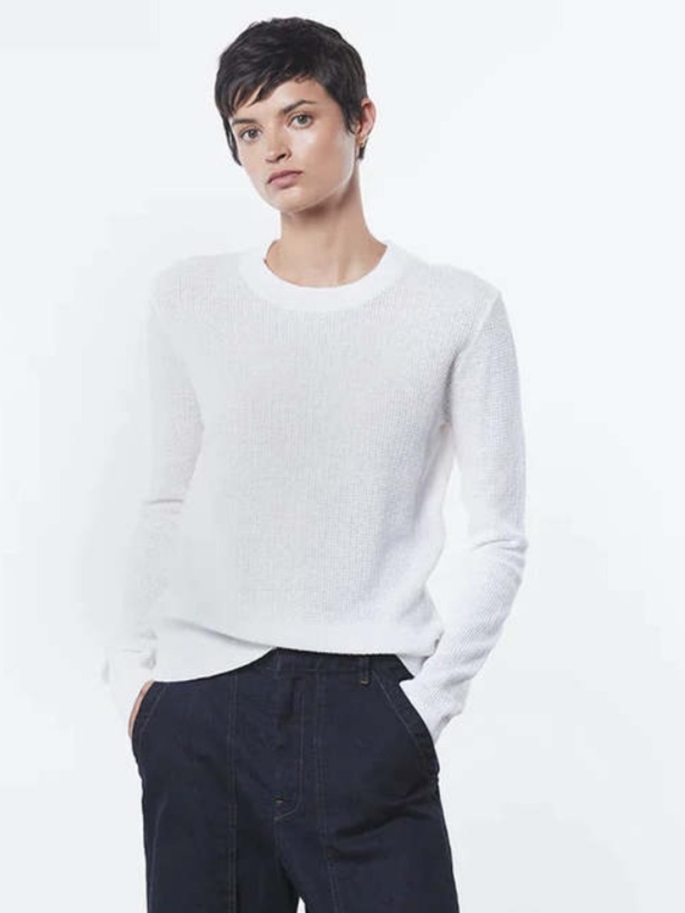 ENZA COSTA. LINEN AND COTTON OPEN KNIT CREWNECK - WHITE